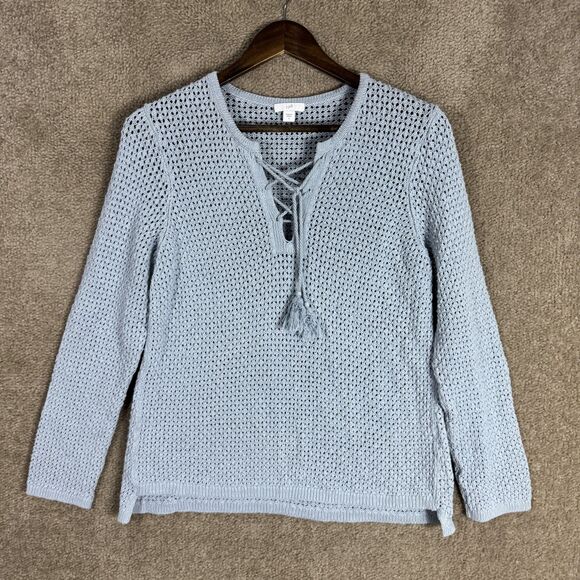 J Jill Sweater Womens Small Blue‎ Knit Lace Up Pullover Lightweight 100% Cotton - Picture 1 of 10